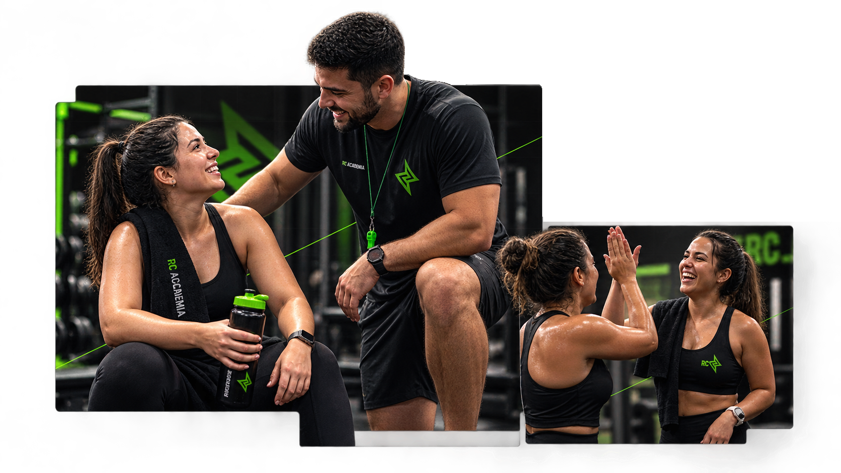 Aluna da RC Academia recebendo acolhimento profissional e celebrando sua evolução com um high-five